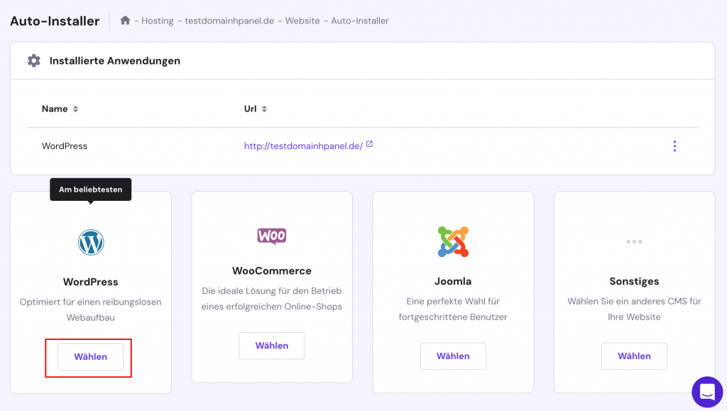 Der Bereich Auto-Installer, der die Schaltfläche Wählen bei WordPress hervorhebt