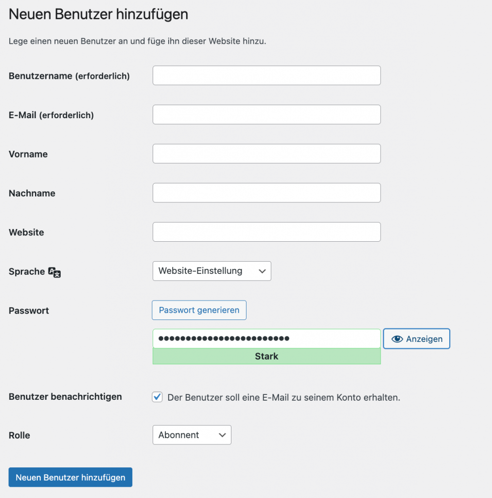 Screenshot der WordPress-Funktion Neuen Benutzer hinzufügen