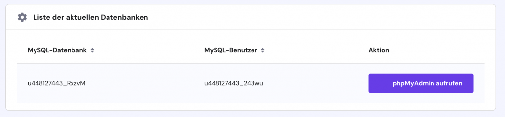 Der Bereich Datenbanken phpMyAdmin im hPanel mit der Schaltfläche phpMyAdmin aufrufen