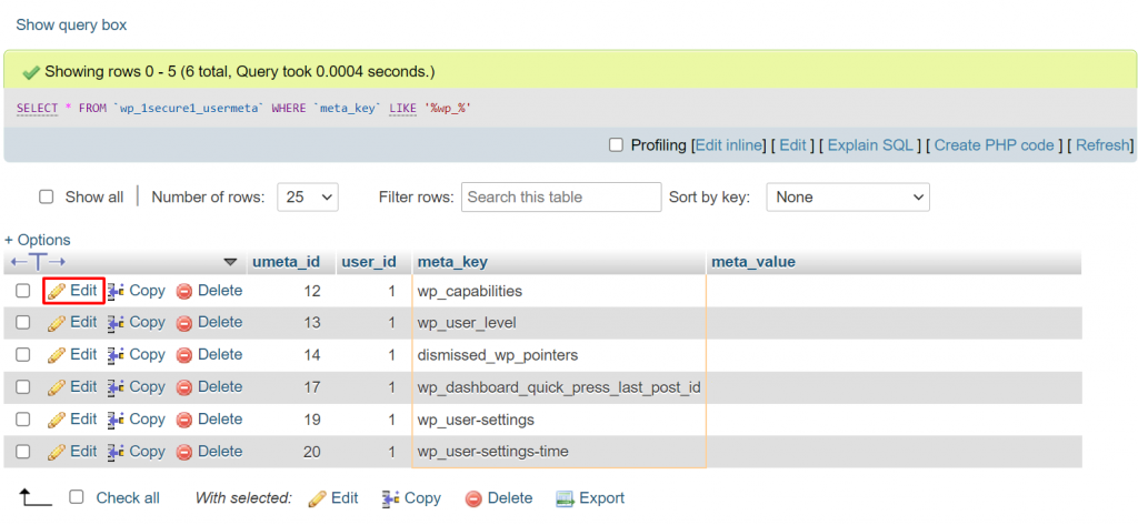 Screenshot mit der Schaltfläche Edit in phpMyAdmin