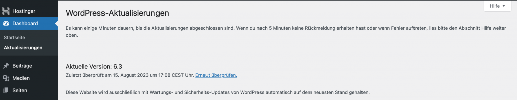 Screenshot des Tabs Aktualisierungen im WordPress-Dashboard