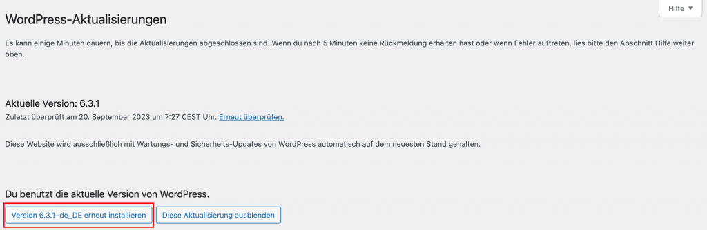 WordPress über das Admin-Dashboard neu installieren 