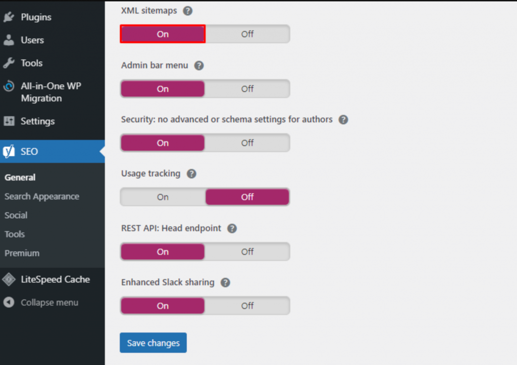 Wählen Sie unter den XML-Sitemaps die Option Ein und klicken Sie auf die Schaltfläche Änderungen speichern.