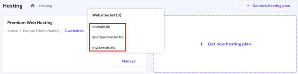 Die Seite Hosting im hPanel. Die Liste der aktuell hinzugefügten Domains ist hervorgehoben