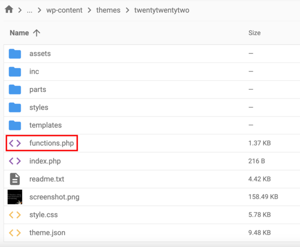 Der Ordner themes im Dateimanager. Die Datei Functions.php ist hervorgehoben