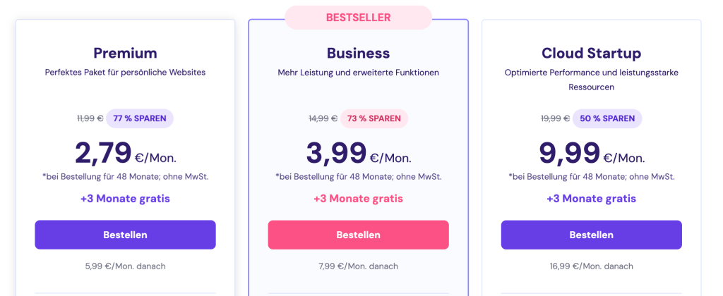 Preistabelle Webhosting