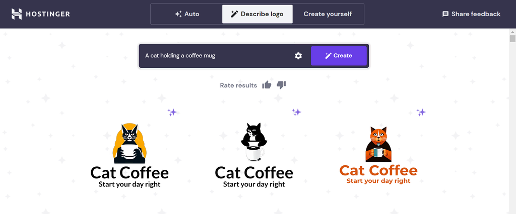 Mit dem Hostinger Logo Maker ein Logo mit einer Katze, die einen Kaffeebecher hält, entwerfen