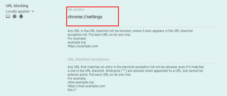 URL-Blockierung in der Google Admin Console mit markierter URL-Blacklist chrome://settings