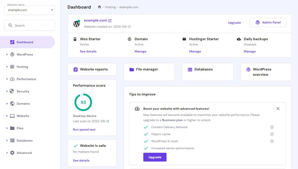 Hostinger WooCommerce Hosting hPanel