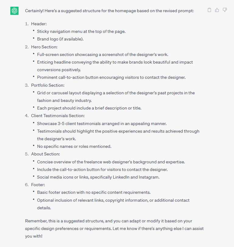 Example of a web design structure suggested by ChatGPT