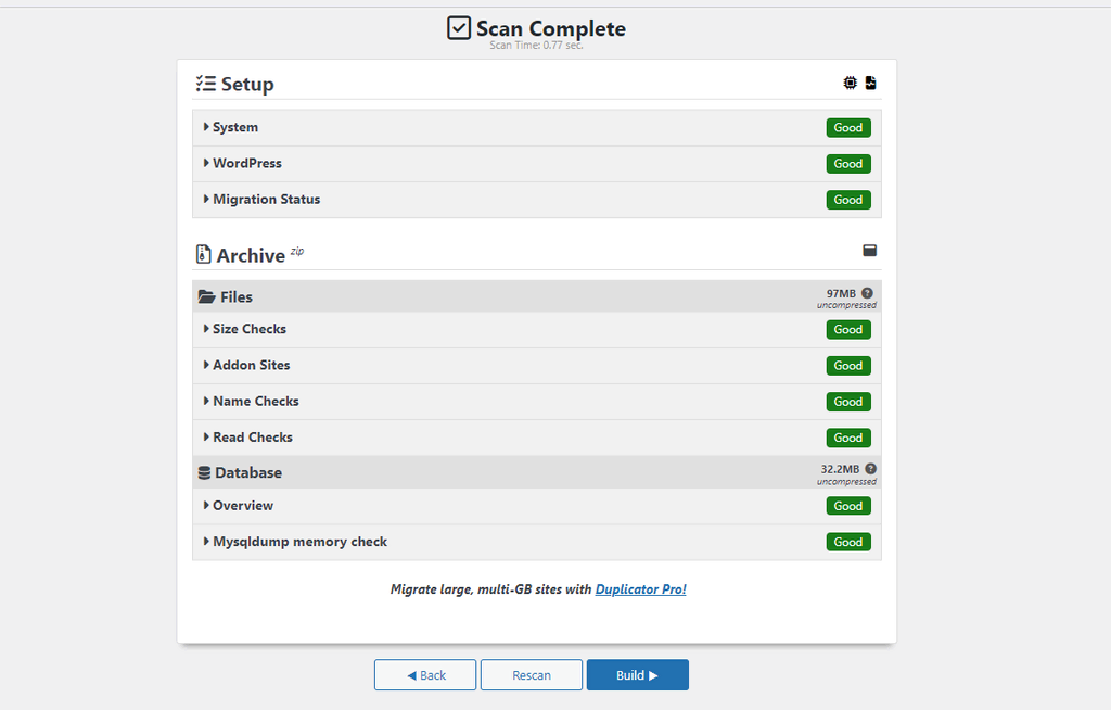 Duplicator Website-Scan-Ergebnis