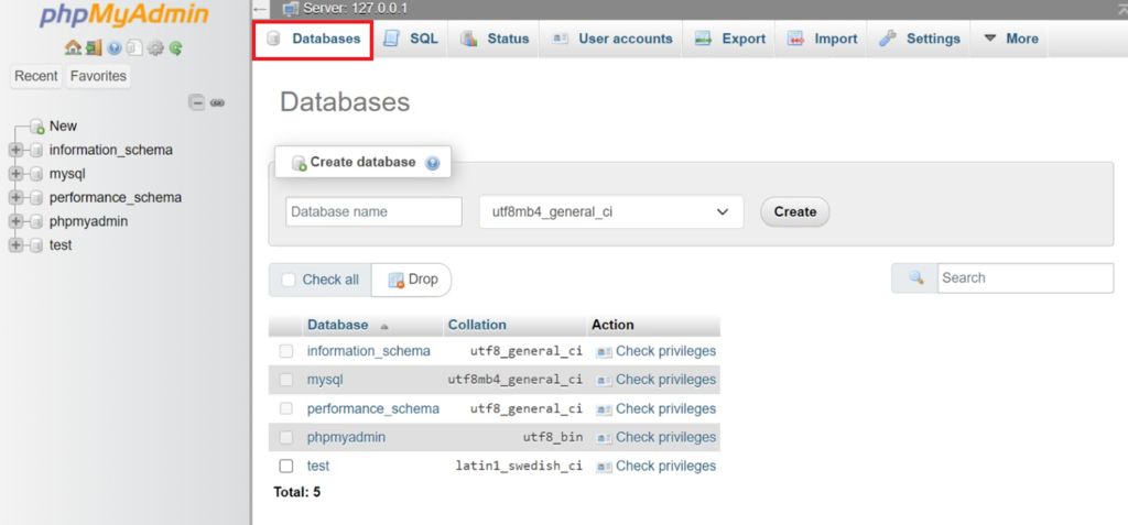 Das Databases-Menü in phpMyAdmin