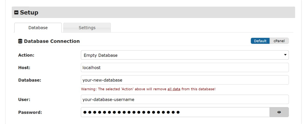 Datenbank-Einrichtung in Duplicator-Installer