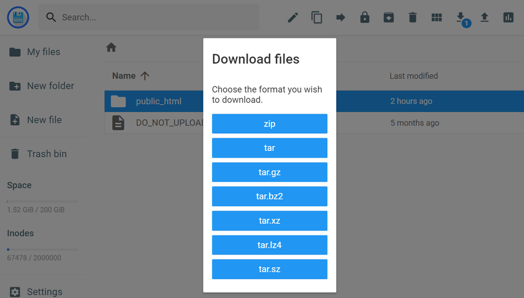 07 Das Archiv-Download-Menü in hPanels Dateimanager