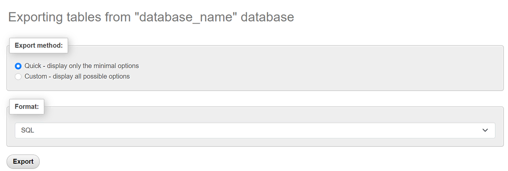 Das Datenbank-Export-Menü in phpMyAdmin