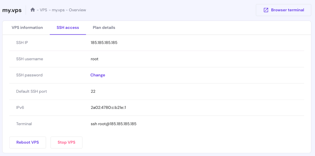 hPanel VPS-Übersicht-SSH-Zugang
