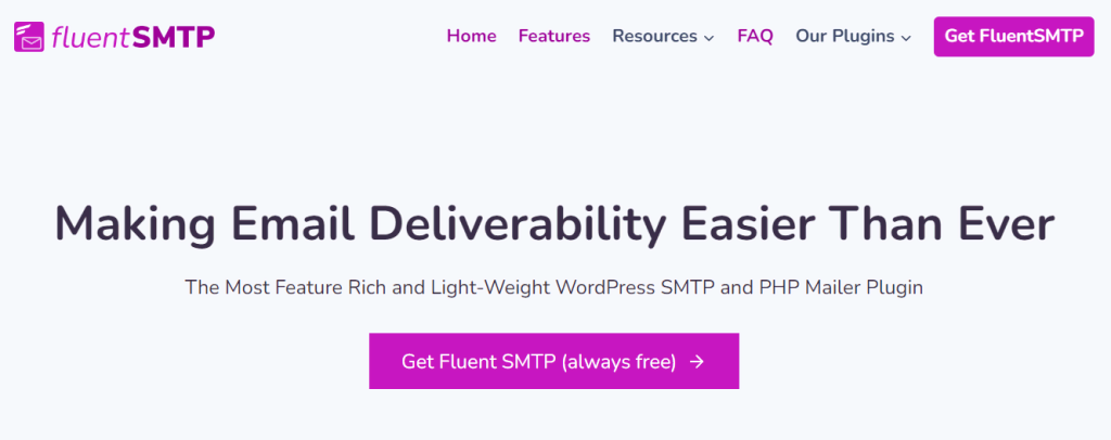 FluentSMTP website landing page