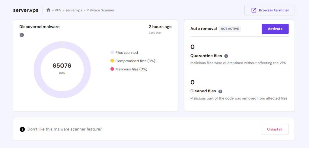 Monarx Malware-Scanner-Dashboard im Hostinger VPS-Verwaltungs-Dashboard
