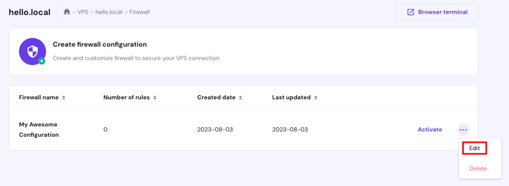 hpanel VPS-Firewall Bearbeiten markiert
