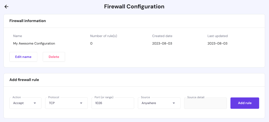 hpanel VPS-Firewall-Konfigurierung
